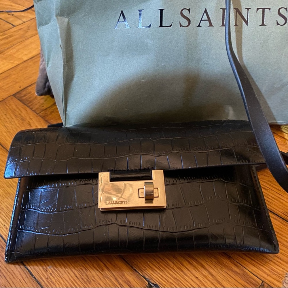 ALL SAINTS || NEW || Black Francois Croc XBODY Bag || Small